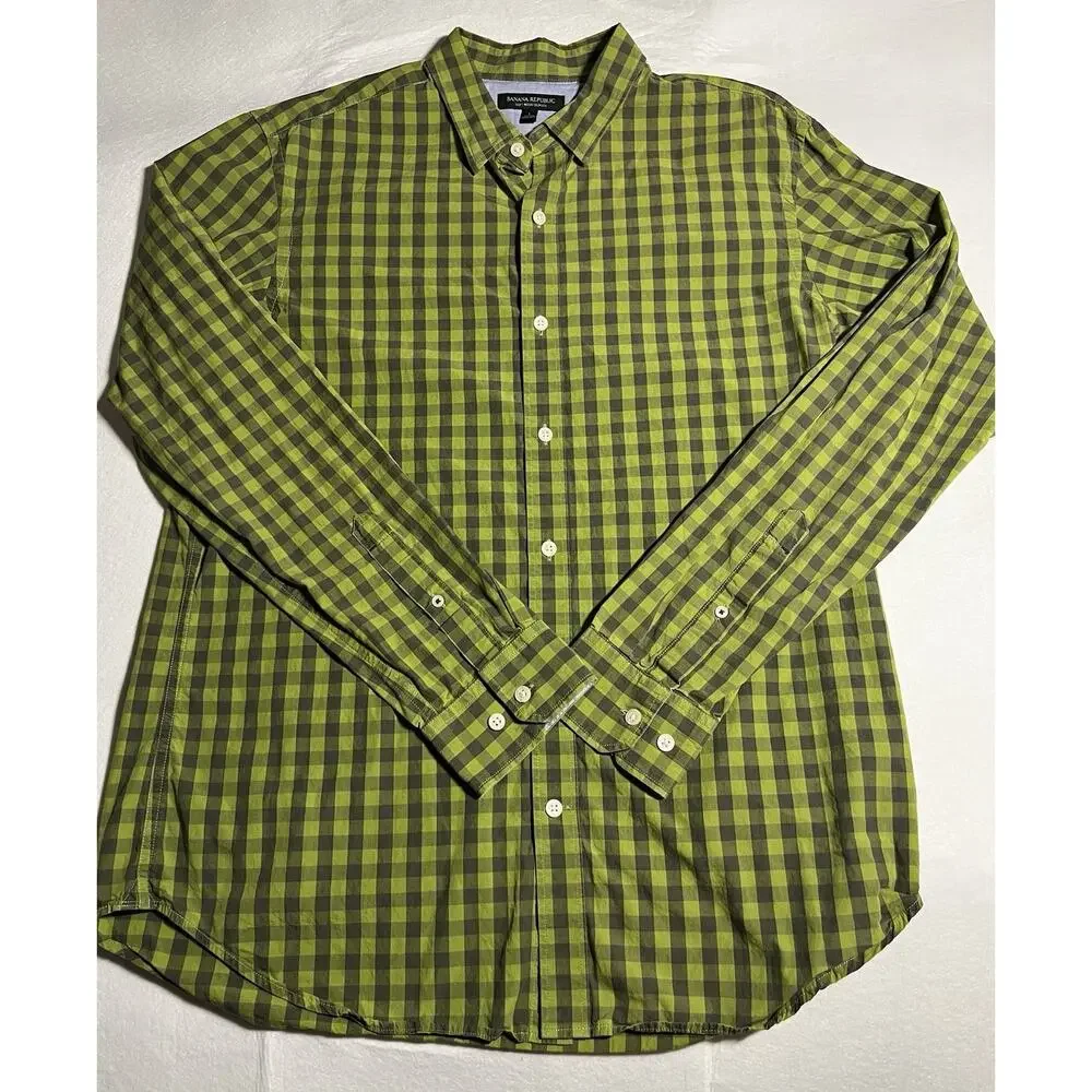 Banana Republic Soft Wash Slim Fit Green Gingham Check Button Shirt Mens L